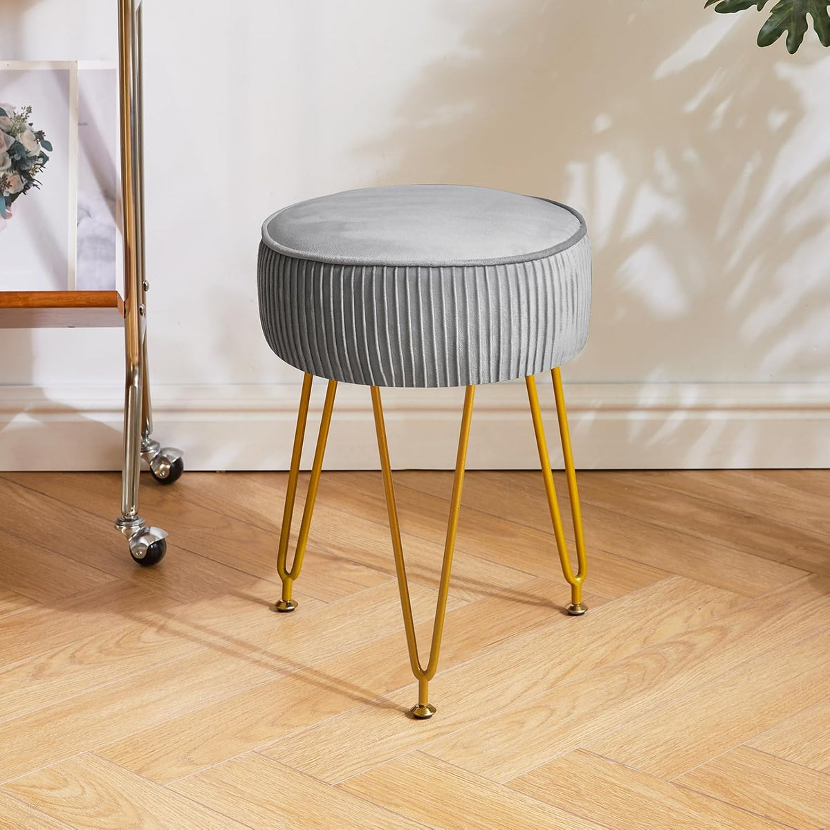 IBUYKE Velvet Vanity Stool Ottoman, Round Footrest Chair, Gray LG-30G