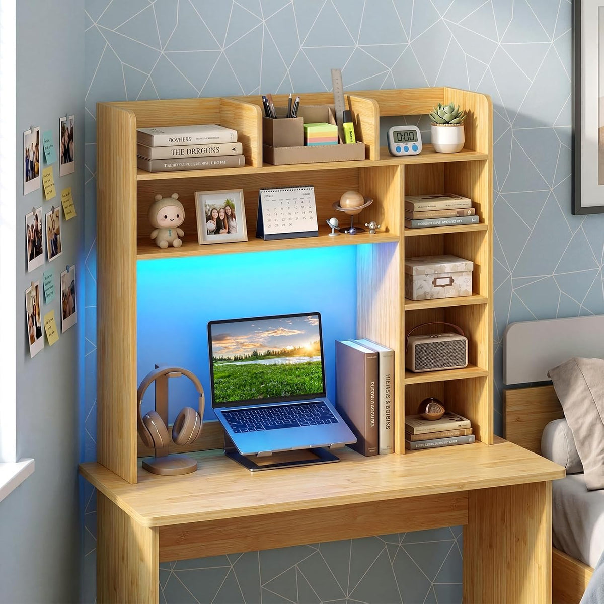 Desktop Bookshelf, Wood Countertop Bookcase with Shelves, Desk Hutch for College Dorm, Multipurpose Desk Organizer Shelf Display Rack for Home Office, Hutch Top Only (Burlywood, 8 Shelf)