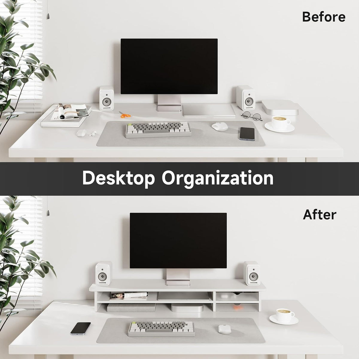 Fenge Monitor Stand, Desk Computer Riser with Frosted Storage Drawer, White