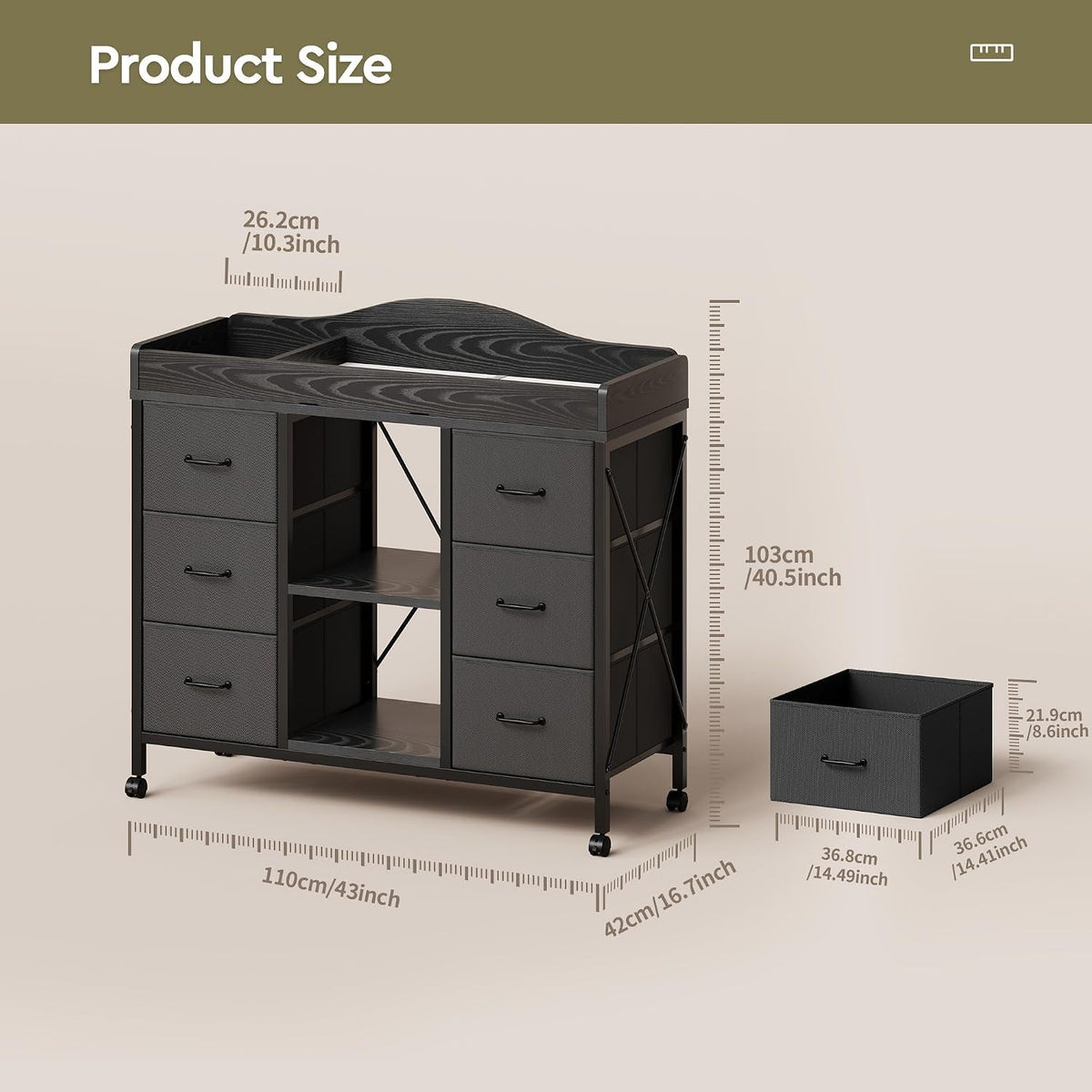 YeTom Changing Table, 6-Drawer Dresser, Adjustable Shelves, Mobile, Black