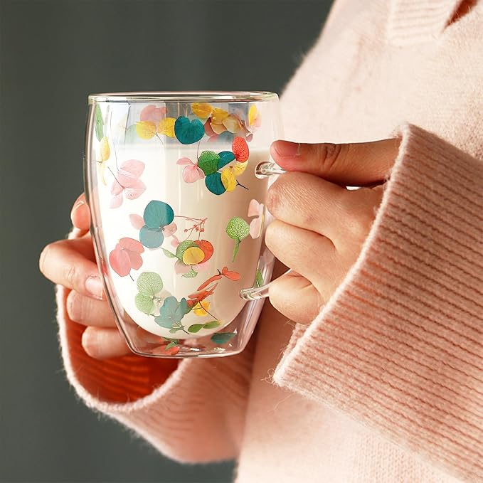Gifts for Women Dried Flowers Double Wall Glass Coffee Mugs Cute Glass Tea Cups