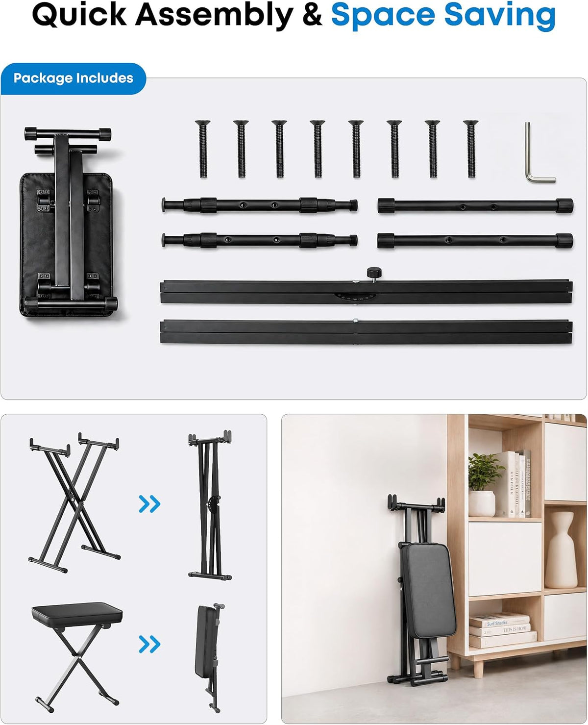 Keyboard Stand & Bench Set, Double-X Piano Stand, PU Leather Bench, 7-Level