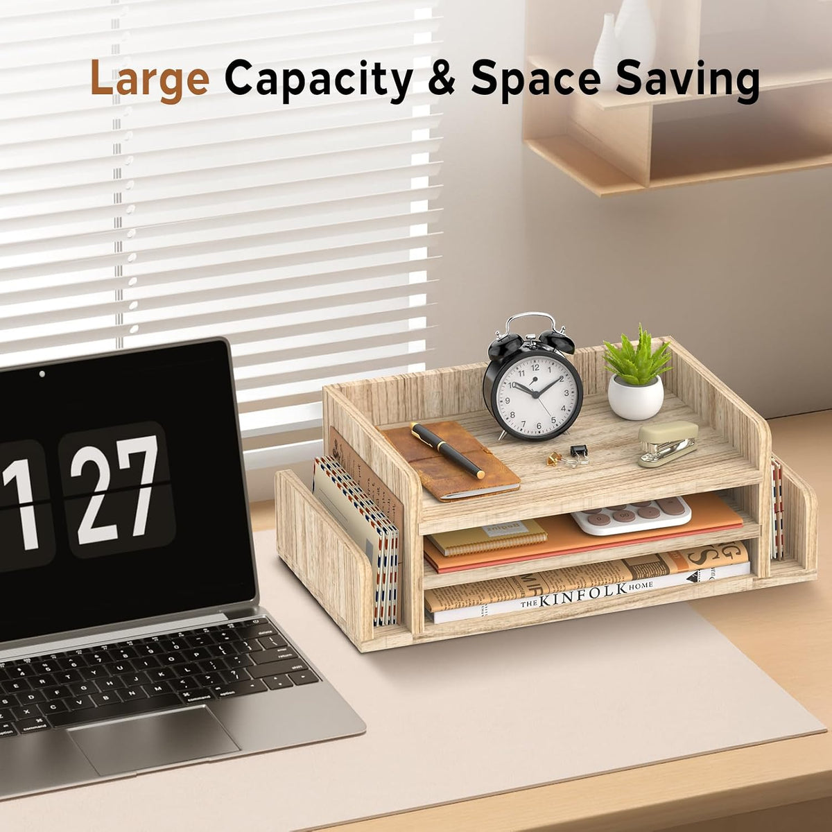 Wooden Desk Organizer, 3-Tier Paper Trays with 2 Mail Sorters, Natural Wood