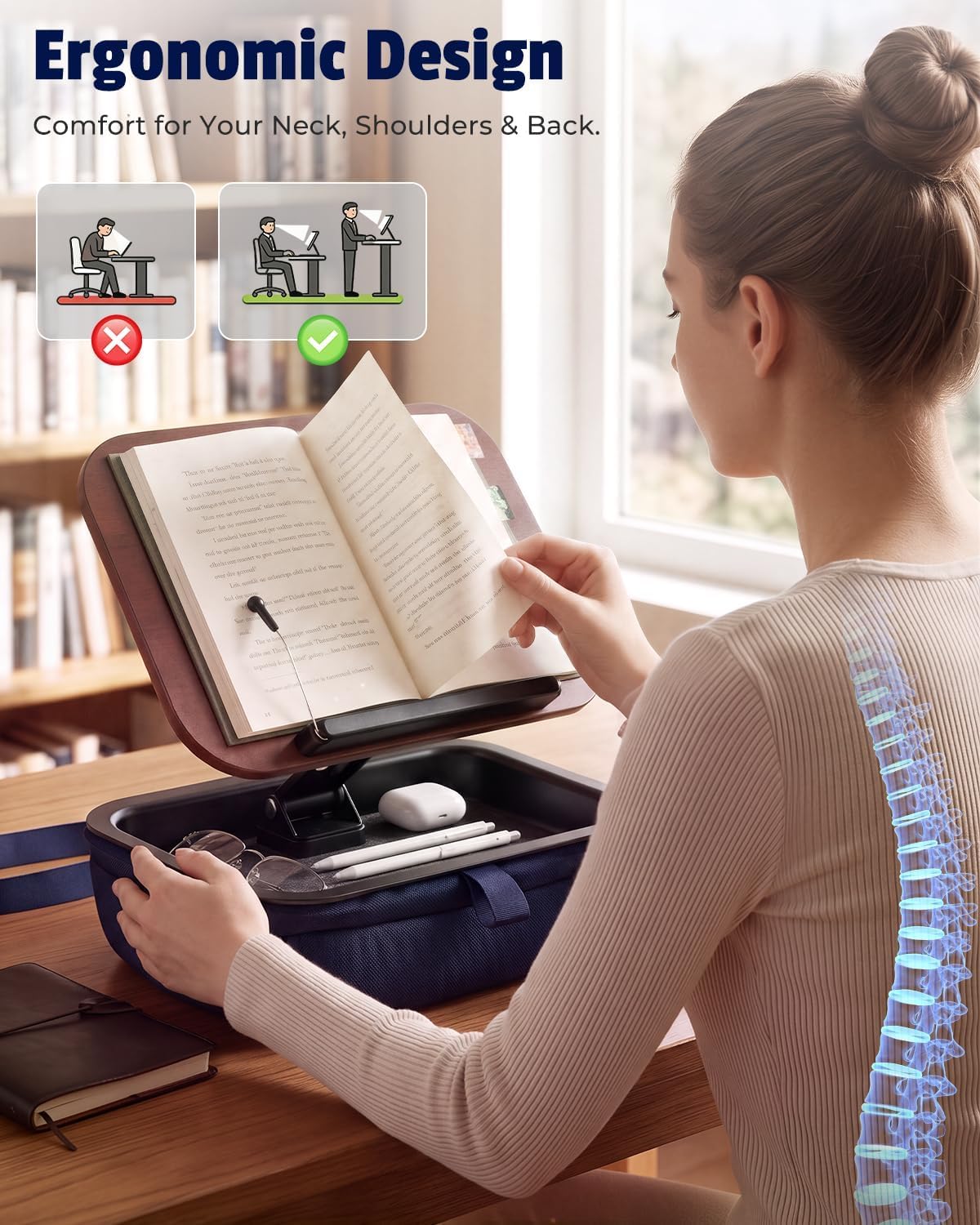 Lap Book Pillow Stand with Storage, Book Holder for Reading in Bed