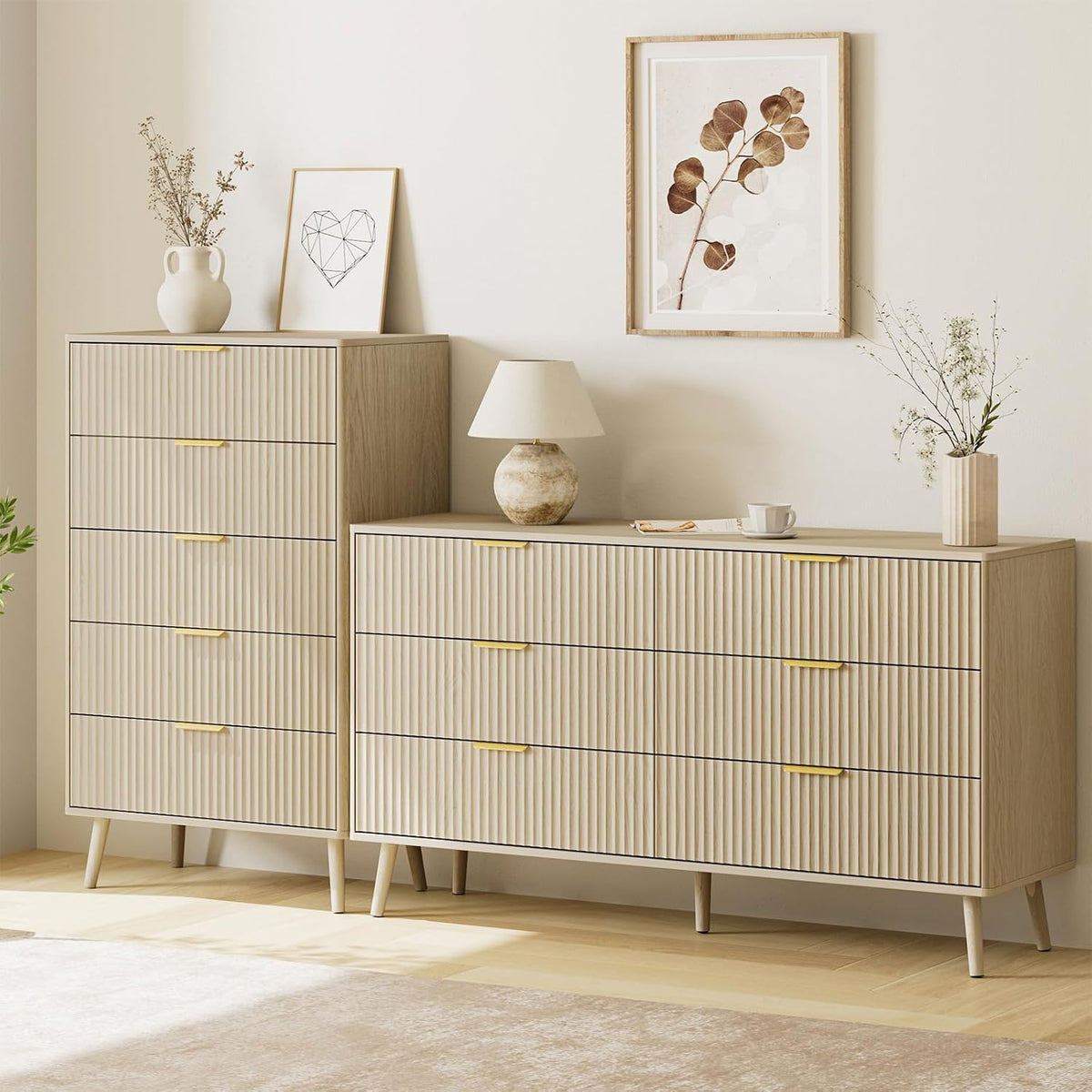 LYNSOM Beige 5 Drawer Dresser, 45" Tall Modern Chest of Drawers with Fluted Panel, Curved Profile Design, Metal Handles, Wood Closet Clothes Storage Organizer for Bedroom, Living Room, Hallway