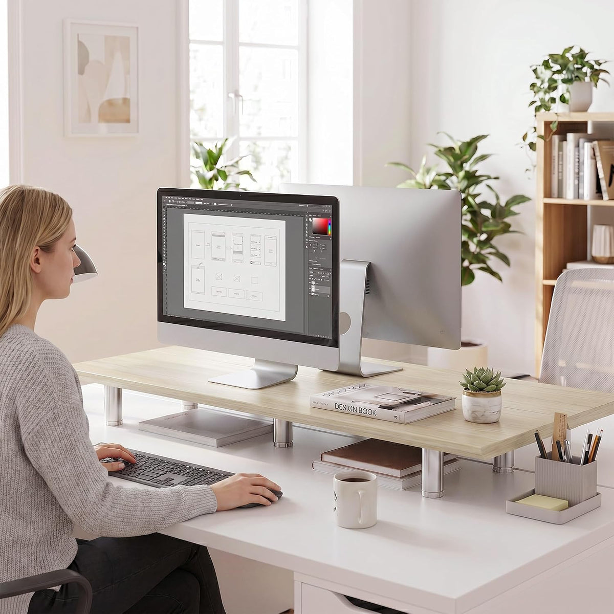 Fenge 39.4” Dual Monitor Stand with Height Adjustable Legs, Oak