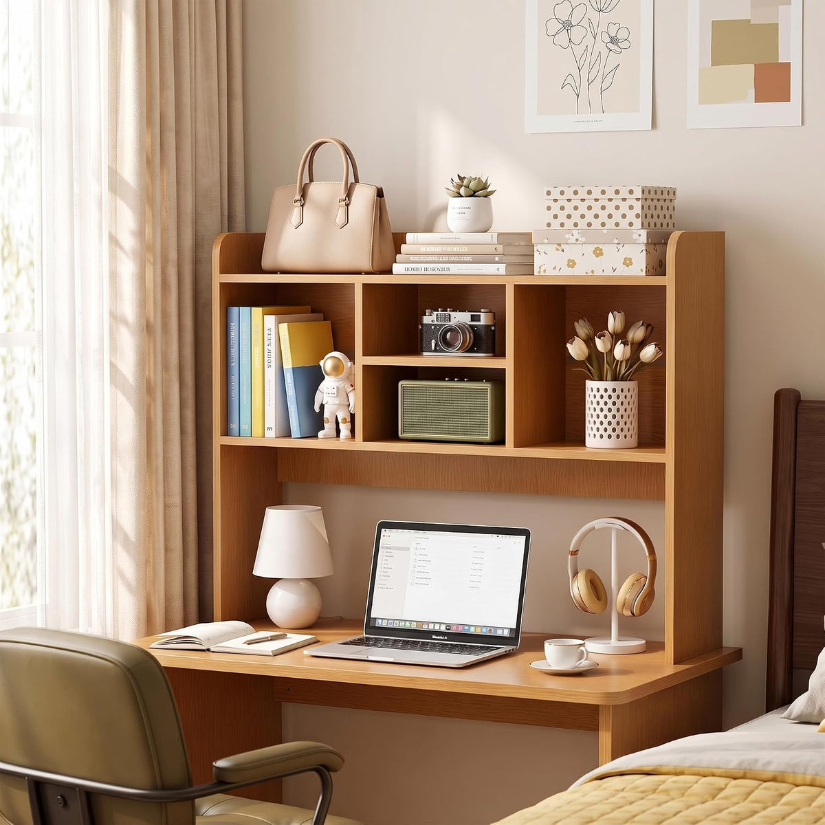 Nova Microdermabrasion Wooden Desktop Bookshelf with 6 Shelves–3-Tier Desk Organizer Hutch for Computer Desk, Home or Office (Natural)