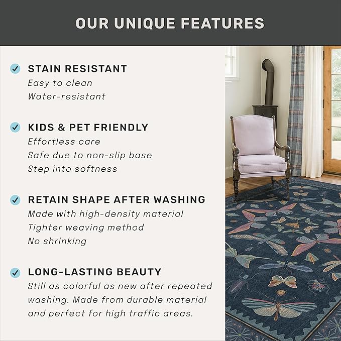 5x7 Navy Blue Boho Rugs for Living Room, Stain Resistant Non Slip Area Rug for