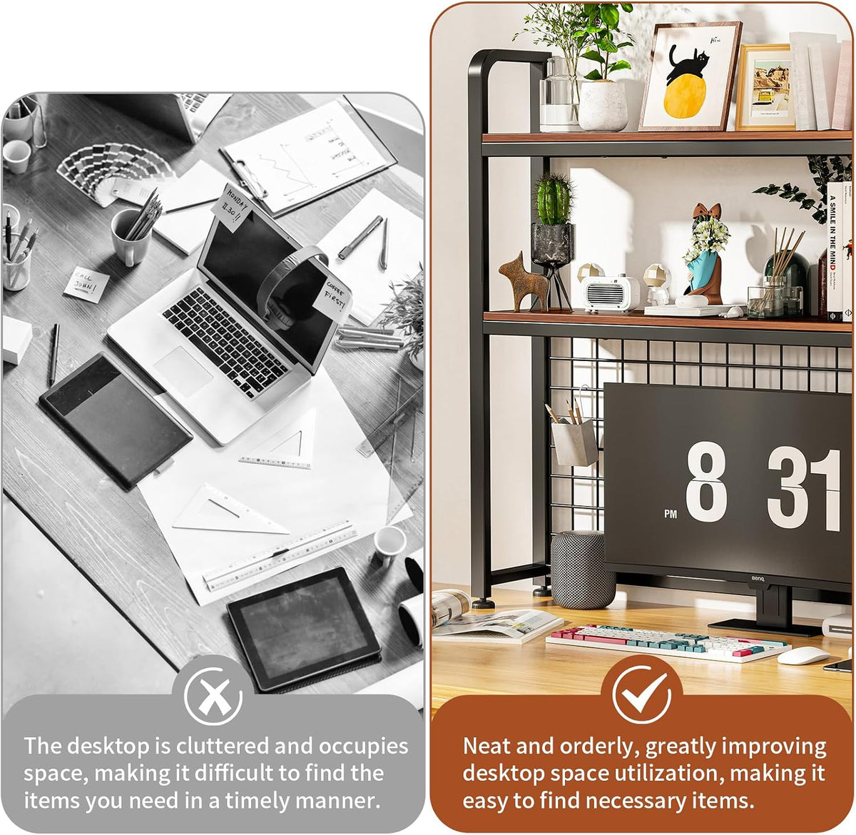 HUATOL Desktop Bookshelf for Computer Desk, 2-Tier Multipurpose Wood Countertop Bookshelf, Multipurpose Freestanding Storage Rack Display Shelf for Office, Home Decor, Kitchen, Brown