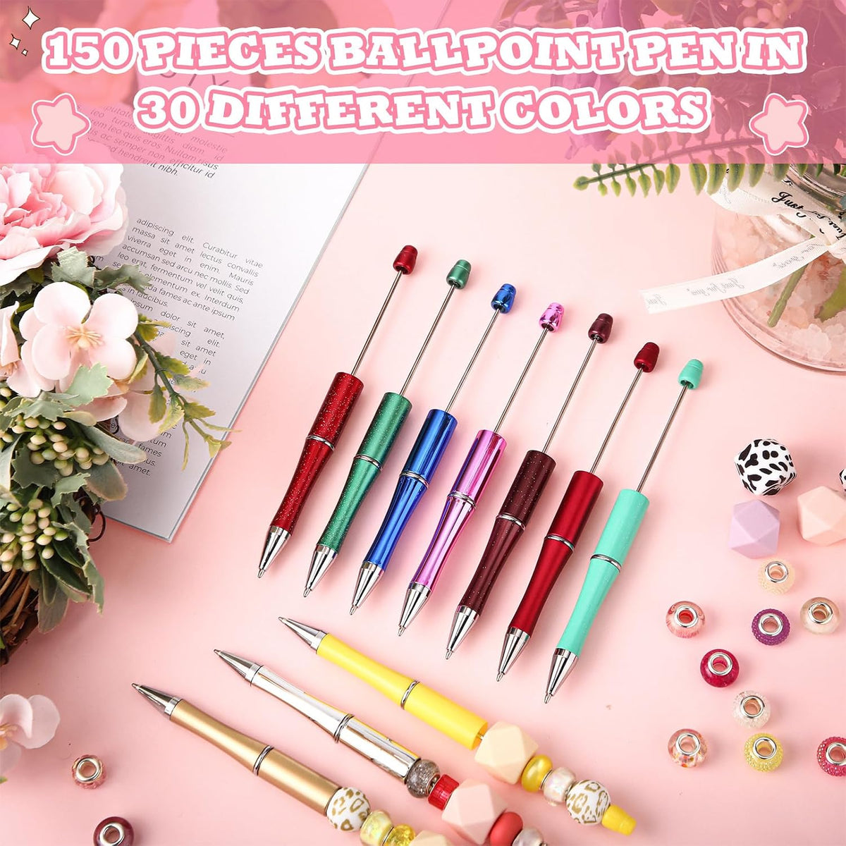 Kosiz 150 Pcs Plastic Beadable Pen Bulk, Pure Colors