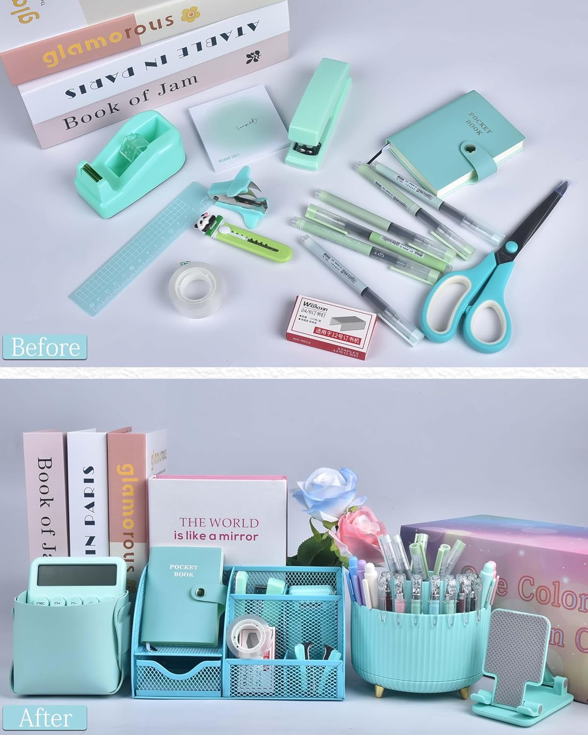 LXEVIHK Green and Blue Desk Accessories 21-Piece Office Supplies Gift Set