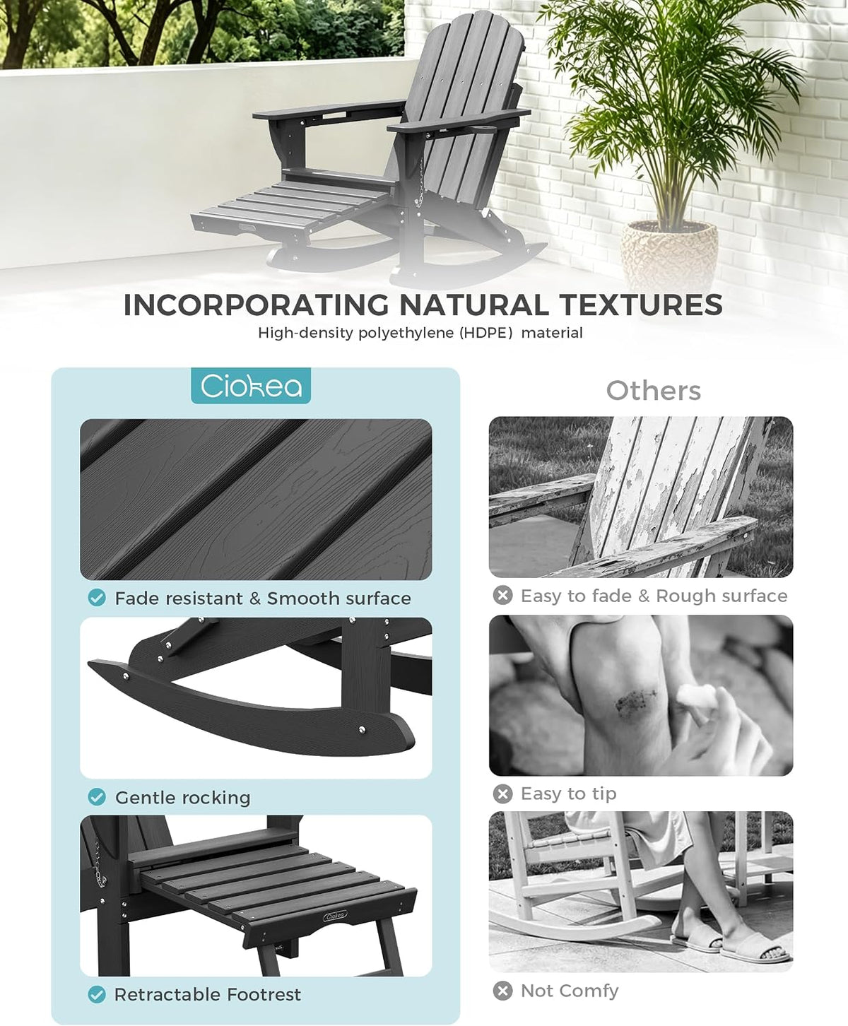 Ciokea Rocking Adirondack Chairs Set of 2 with Footrest (Dark Grey)