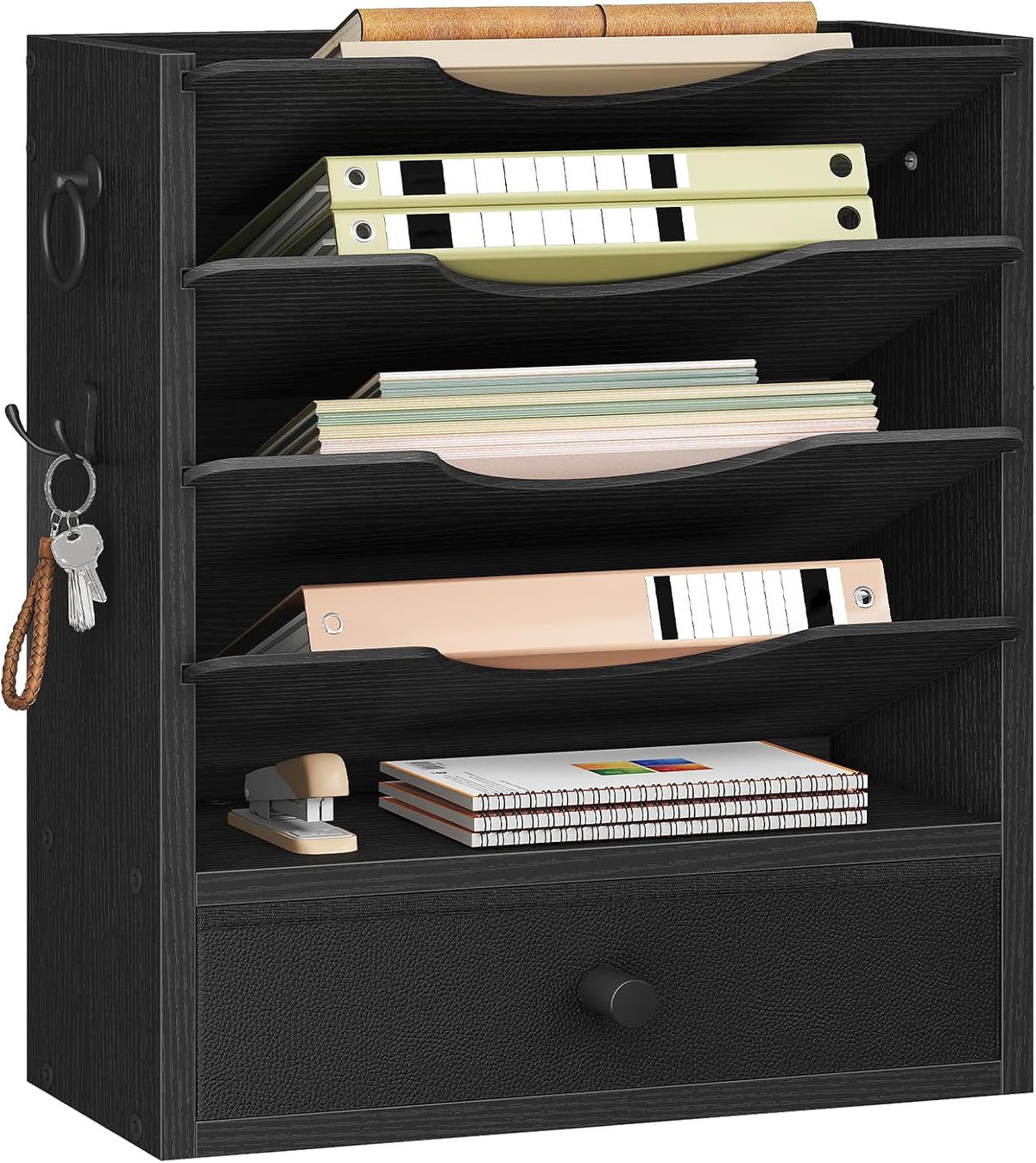 HOOBRO Wall File Organizer, Mail Organizer Wall Mounted, Wooden Literature Organizer, Construction Paper Organizer with Drawer Storage and 2 Hooks, for Office, Classroom, Home, Black BK14WF01