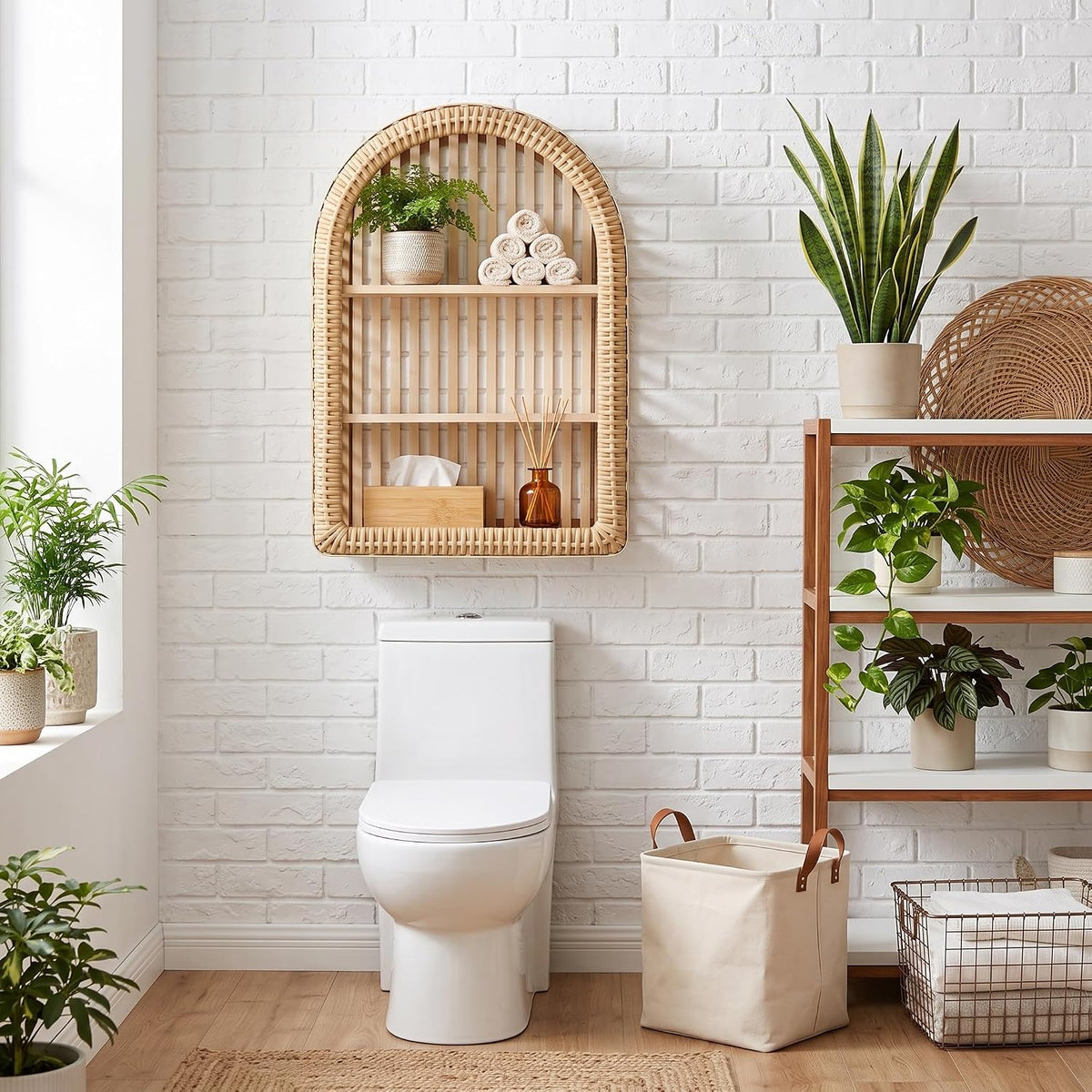 Rattan Wall Shelf - 3 Tier Boho Arched Wicker Hanging Shelves
