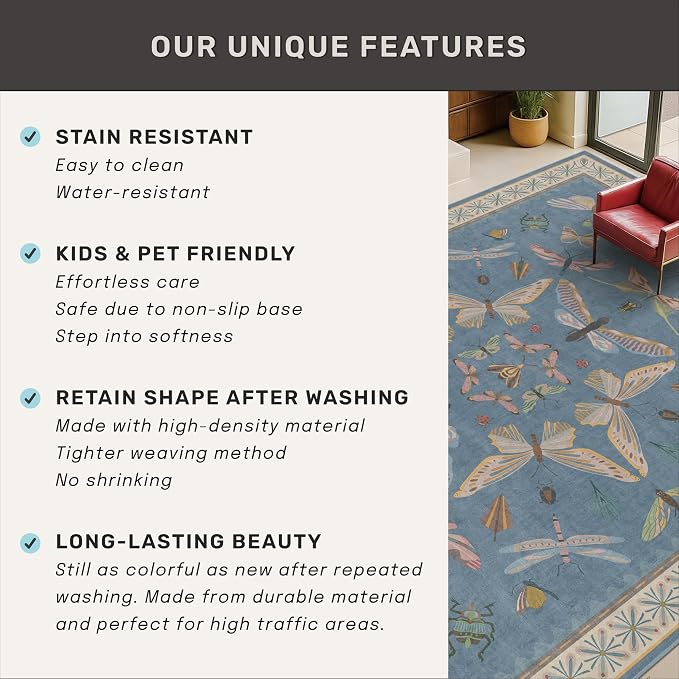 Blue Vintage Insect Runner Rug for Hallway 3x12, Washable Non Slip Kitchen Sink