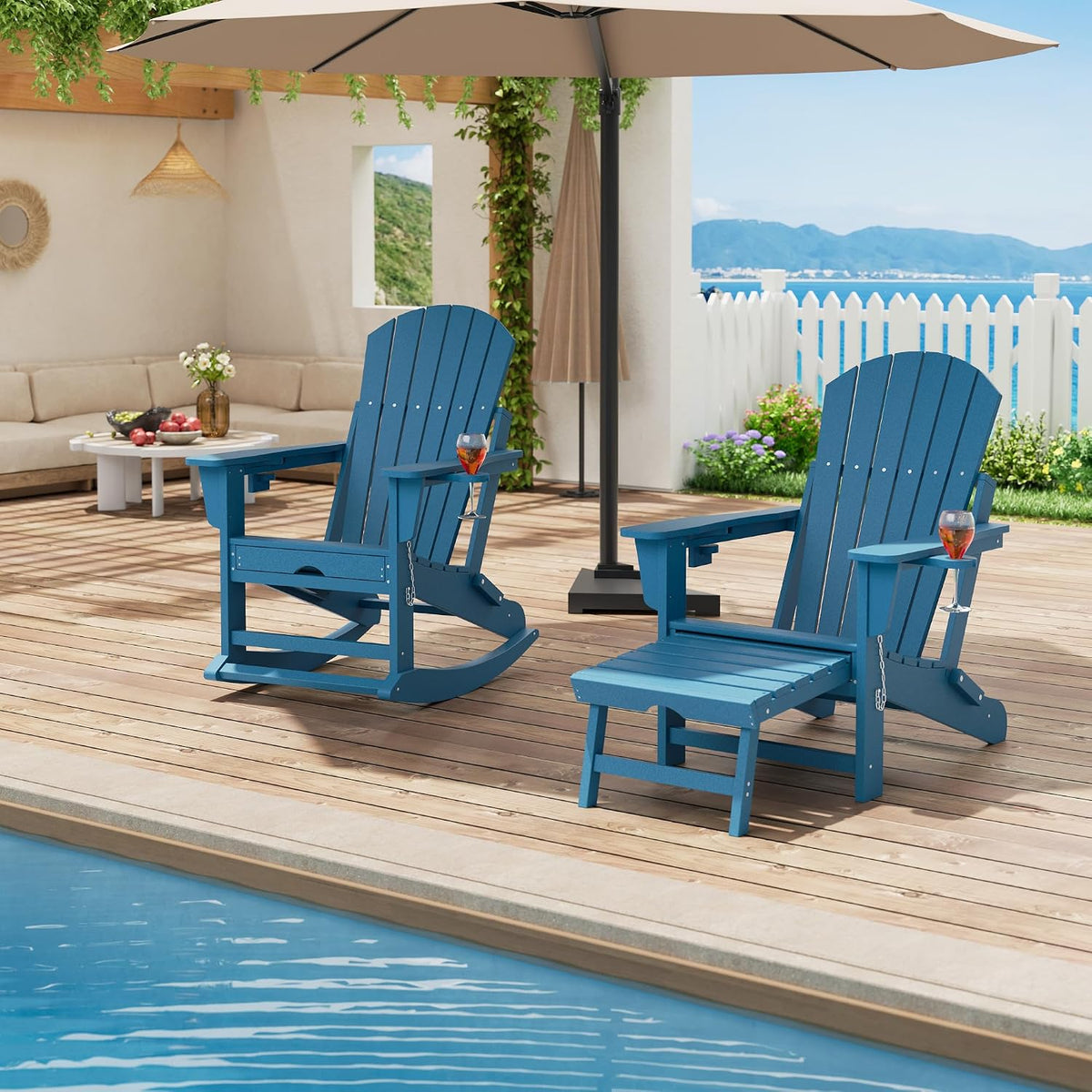 Rocking Adirondack Chairs, Folding Adirondack Rocking Chair With Footrest, Adirondack RockingChair Outdoor With Retractable Ottoman and Cup Holder