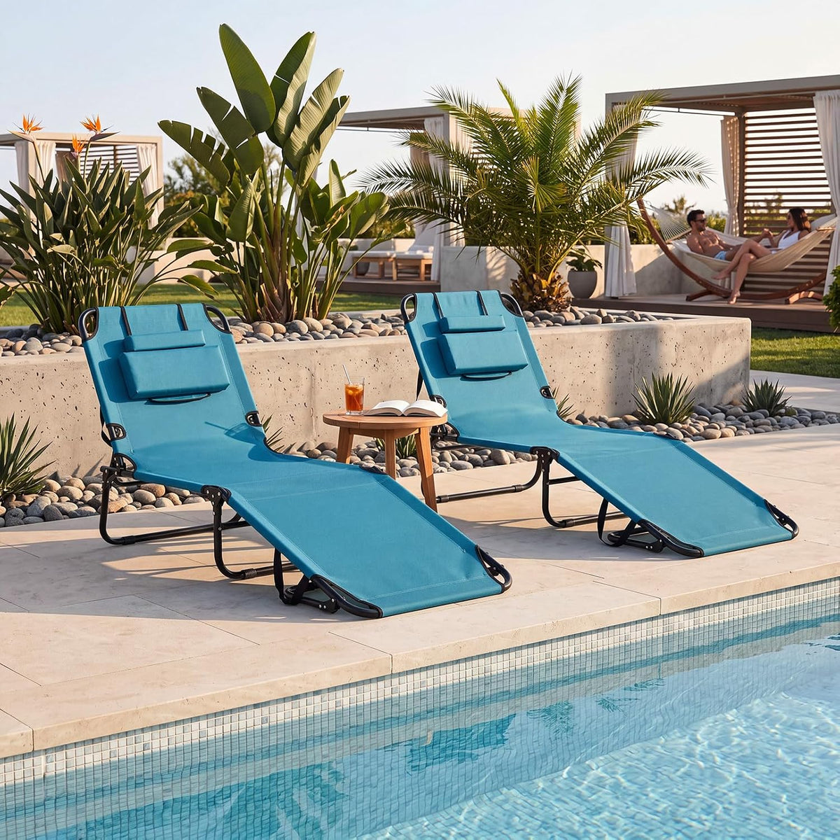 GYMAX Tanning Chair, Folding Lounge Chairs with Face Hole & Cover, Removable Pillow Carry Handle, Portable Compact Outdoor Layout Recliner for Beach, Poolside, Lawn, Patio, Camping (Blue,2)