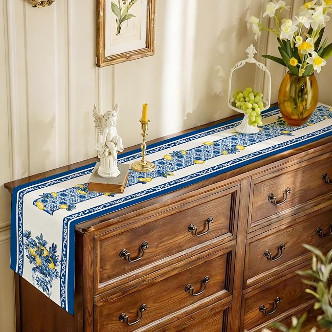Summer Amalfi Coast Lemon Floral Table Runner Flowers Burlap Table Runners