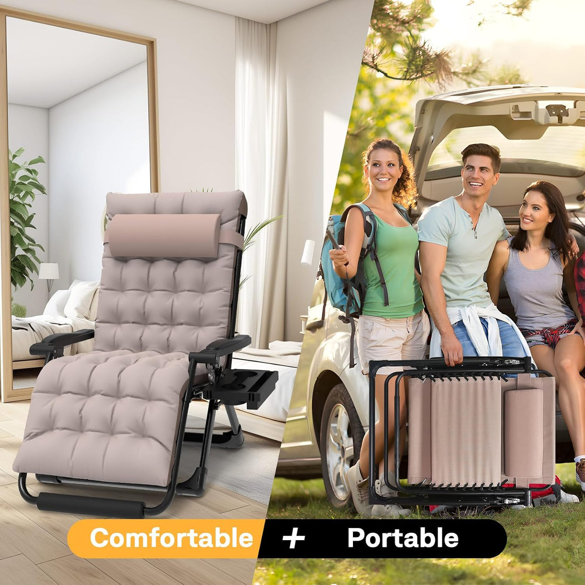 Slendor Oversized Zero Gravity Chairs XXL, 33In Padded Recliner Chair,Khaki