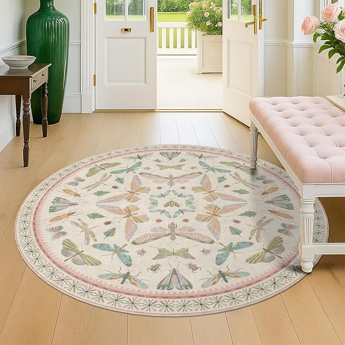 Boho Light Pink Round Rugs for Kids Bedroom - 4 ft Unique Circle Area Rugs for