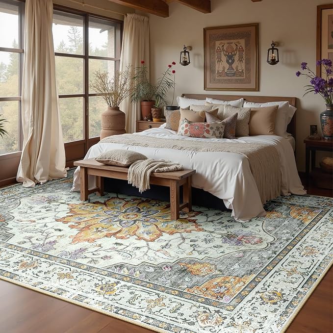 RELEANY Area Rugs 7'x9' Washable Non-Slip, Floral Vintage Distress Medallion