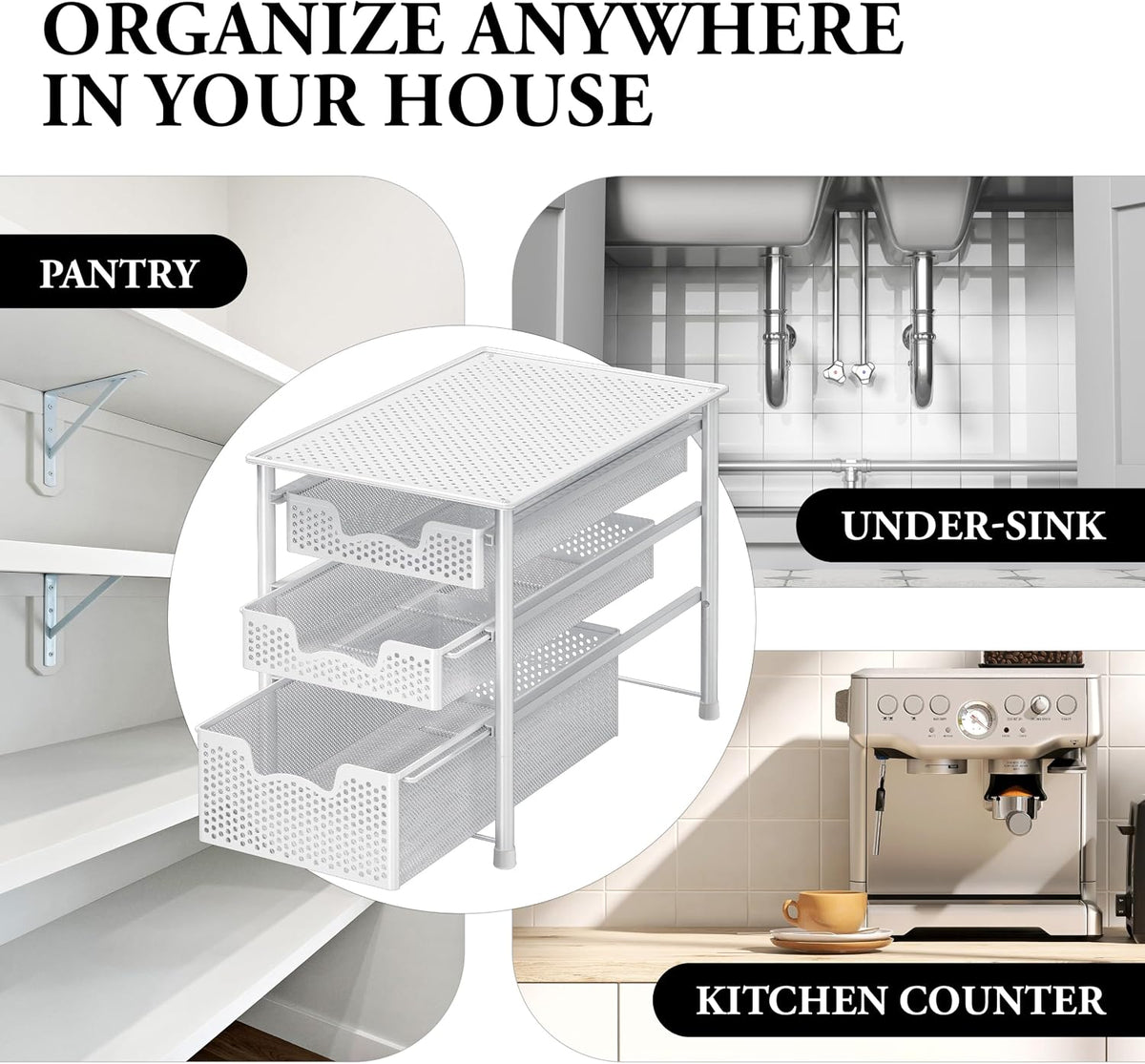Simple Houseware 3 Tier White Alloy Steel Sliding Basket Organizer Drawer Cabinet