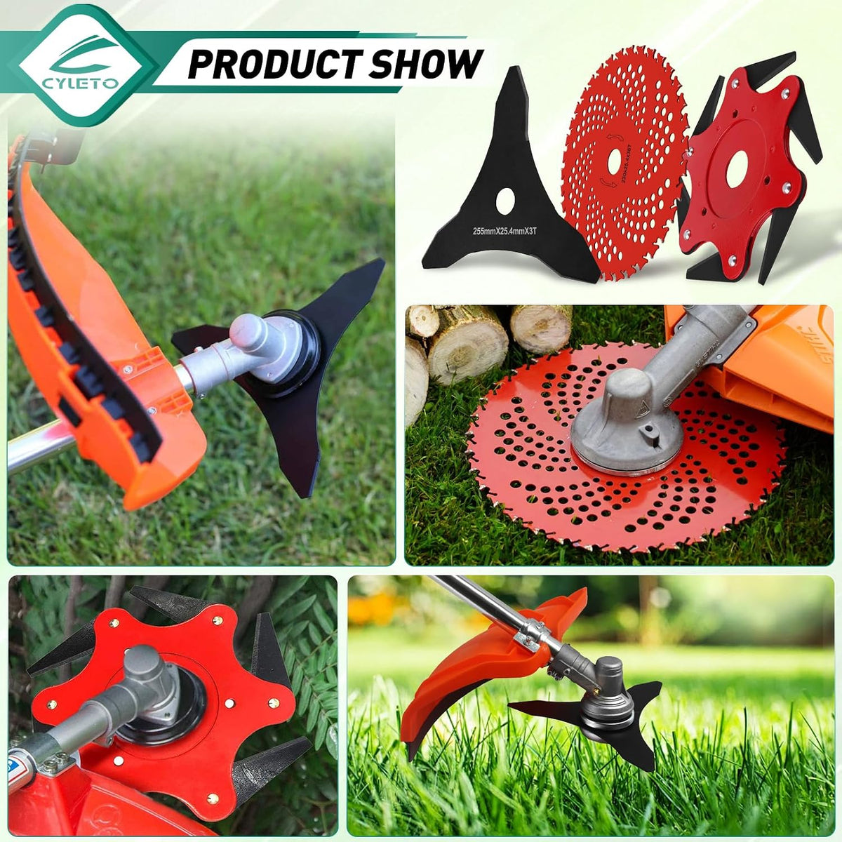 9" x 36 Teeth Carbide Tipped Blades & 6 Steel Razors Trimmer Head & 10" x 3 Teeth Carbon Steel Brush Cutter Blades with 2 Different Adapter Kits Compatible with Brush Cutter, Trimmer, Weed Eater
