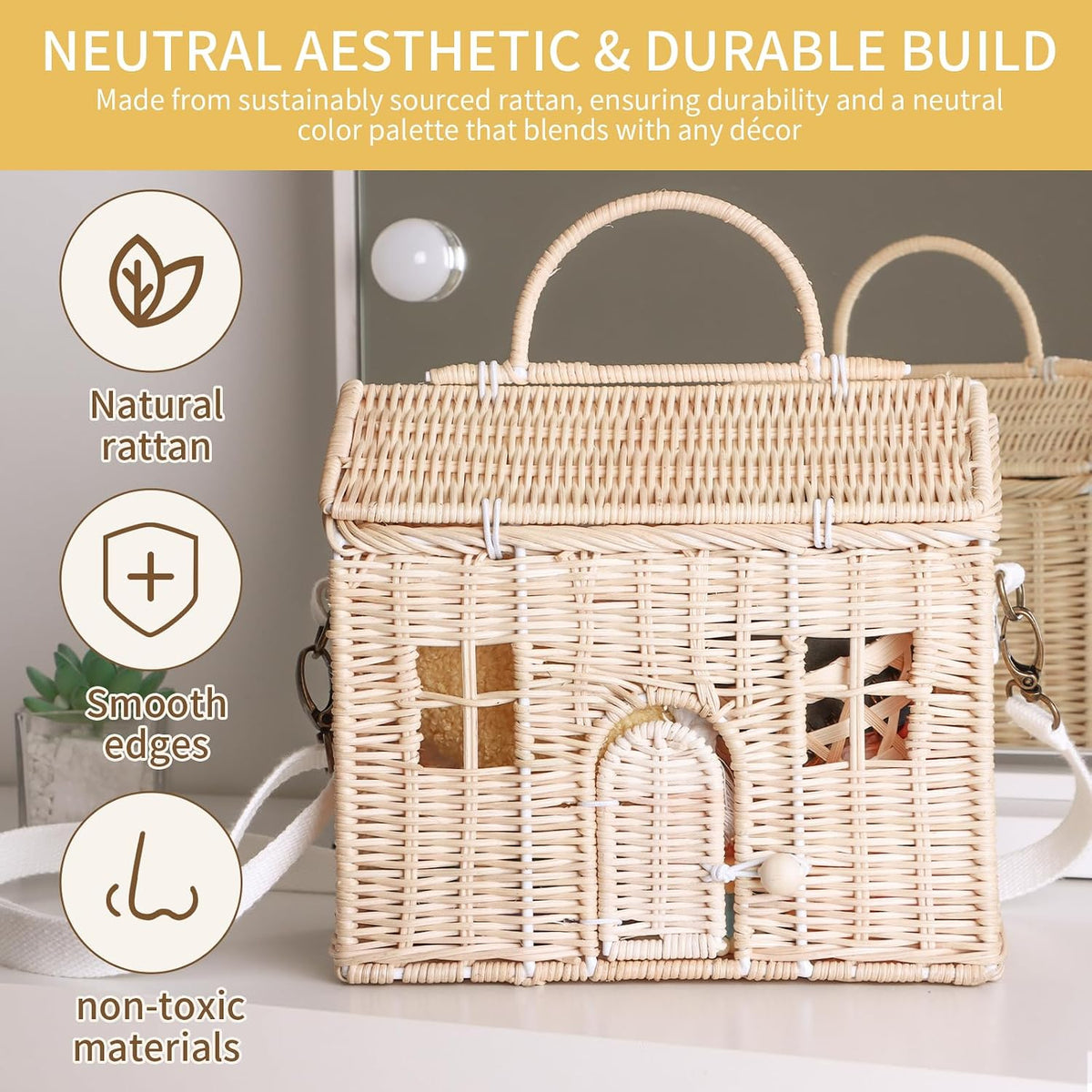 Handwoven Rattan House Storage Basket – Multi-Use Organizer with Handle & Strap, 23x20x15cm (470g)
