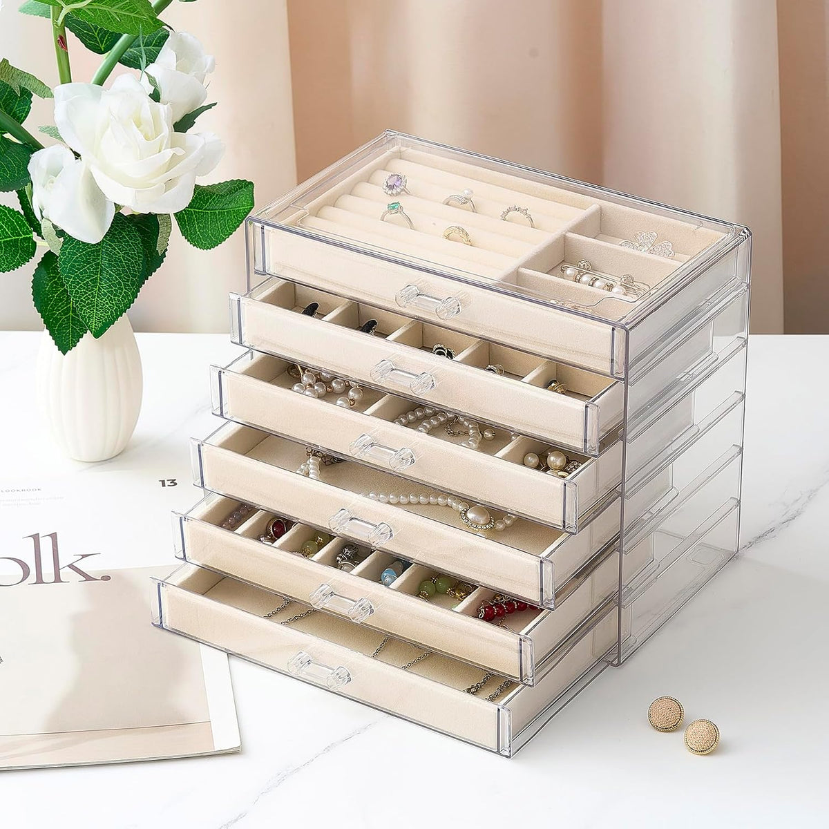 Earring Organizer 6 Drawers Acrylic Jewelry Box for Women, Cream,Clear
