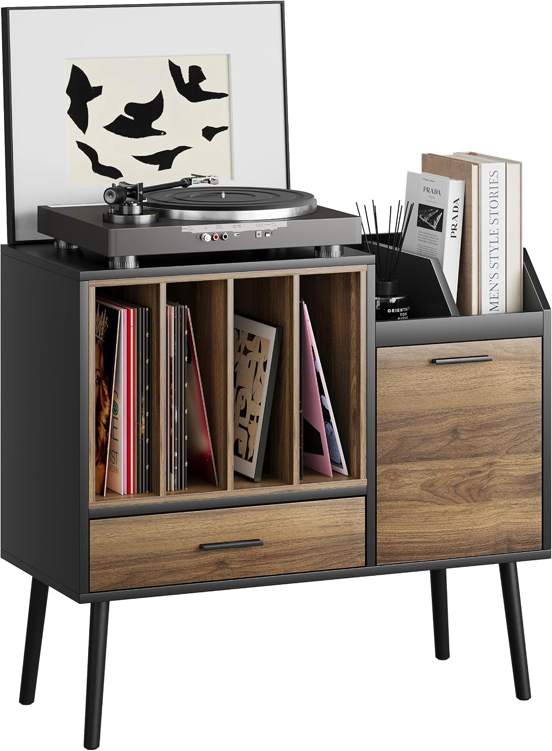 Semiocthome Record Player Stand with Nesting Vinyl Storage Crate, Record Player Table with a Drawer, a Cabinet, CDs Storage Area, Side End Table with Solid Wood Legs for Turntables for Living Room