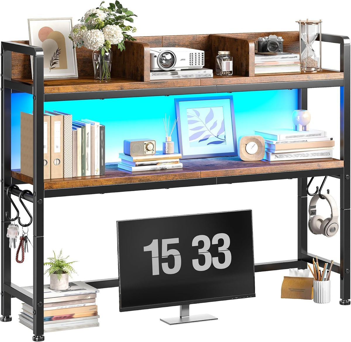 REIBII 2-Tier Desk Shelf with LED for Bedroom and Home Office, Rustic Brown