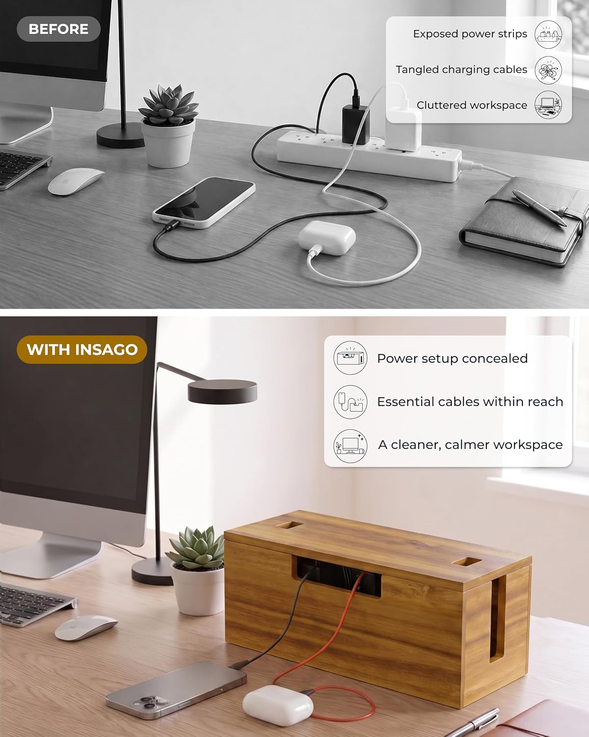 INSAGO Acacia Wood Cable Management Box, Wooden Cord Hider for Power Strip