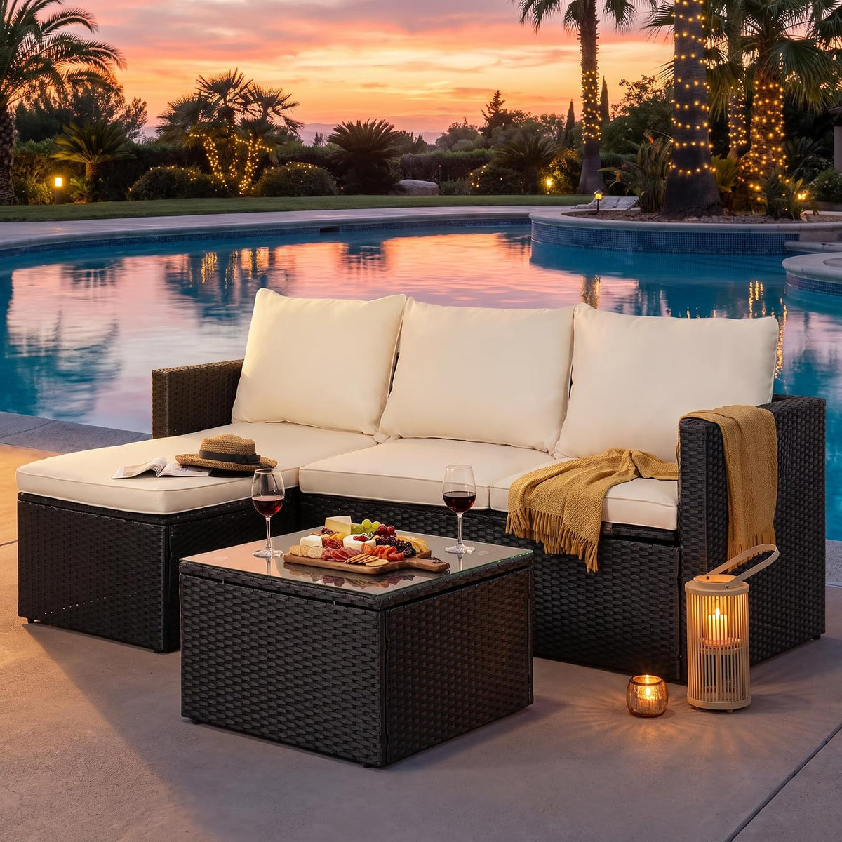 SUNLEI Patio Furniture Set with Detachable Soft Cushions, Outdoor PE Rattan Patio Conversation Sofa Set, 3-Piece Patio Sectional Sofa with Glass Coffee Table (Black Rattan&White)
