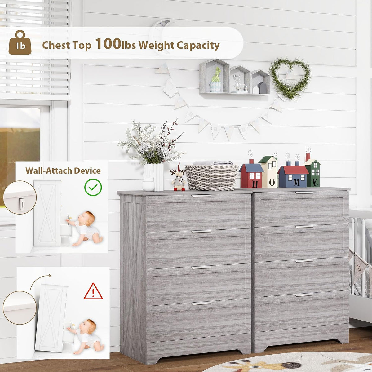 Farmhouse Dresser for Bedroom, 37’’ Tall Wood Chest of Drawers, Wash Grey