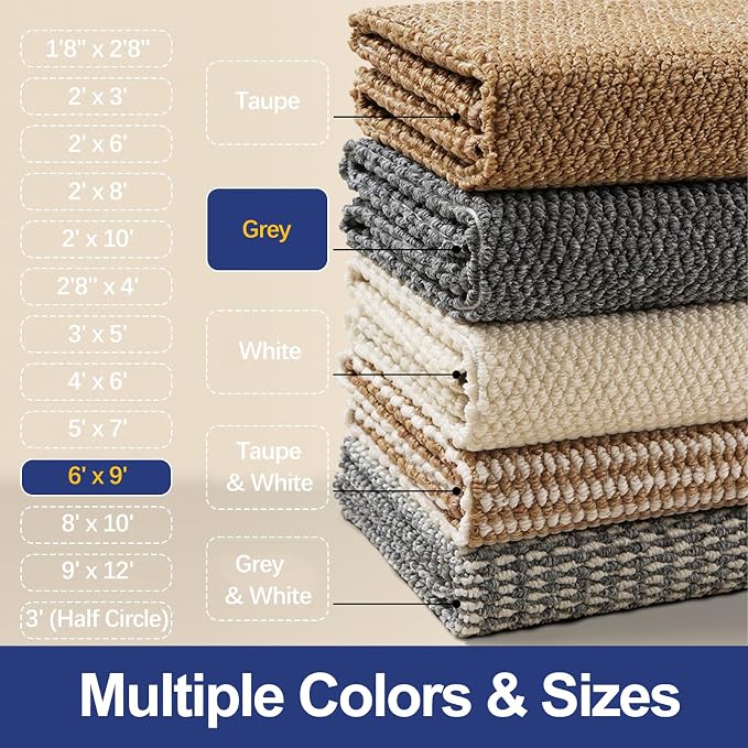 Faux Jute Area Rug 6'x9', Washable & Non-Slip, No Odor. Farmhouse Boho Style
