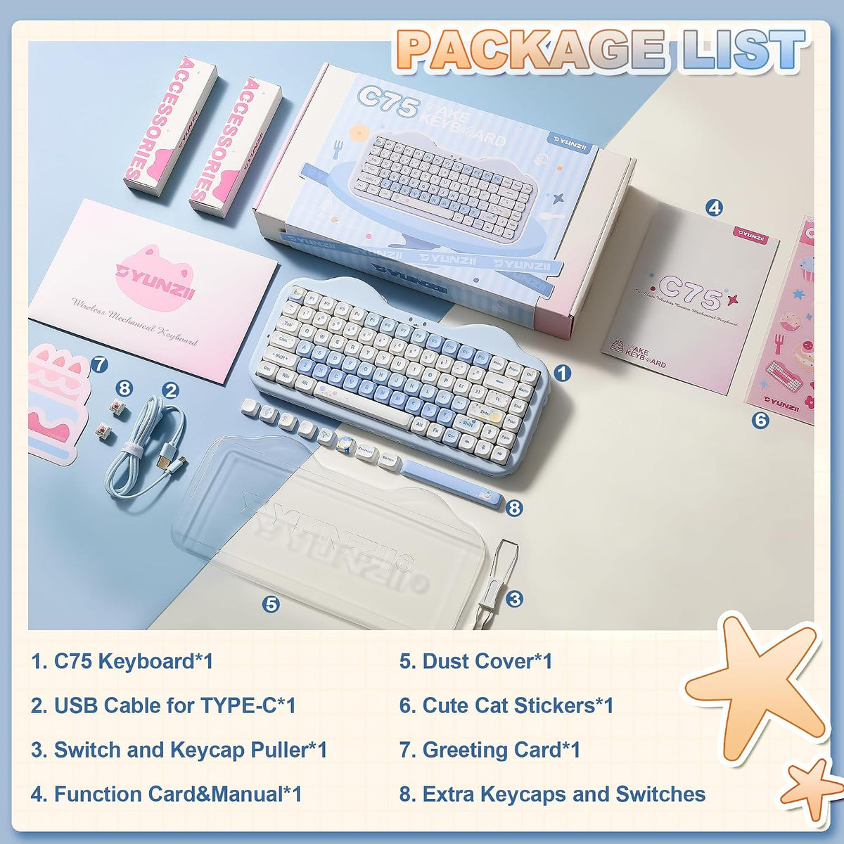 YUNZII C75 Cute 75% Wireless Mechanical Keyboard (Blue, Milk V2 Switch)