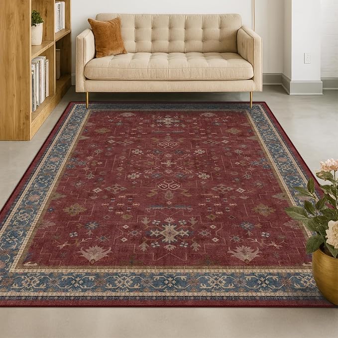 5x7 Boho Dark Red Rug for Living Room