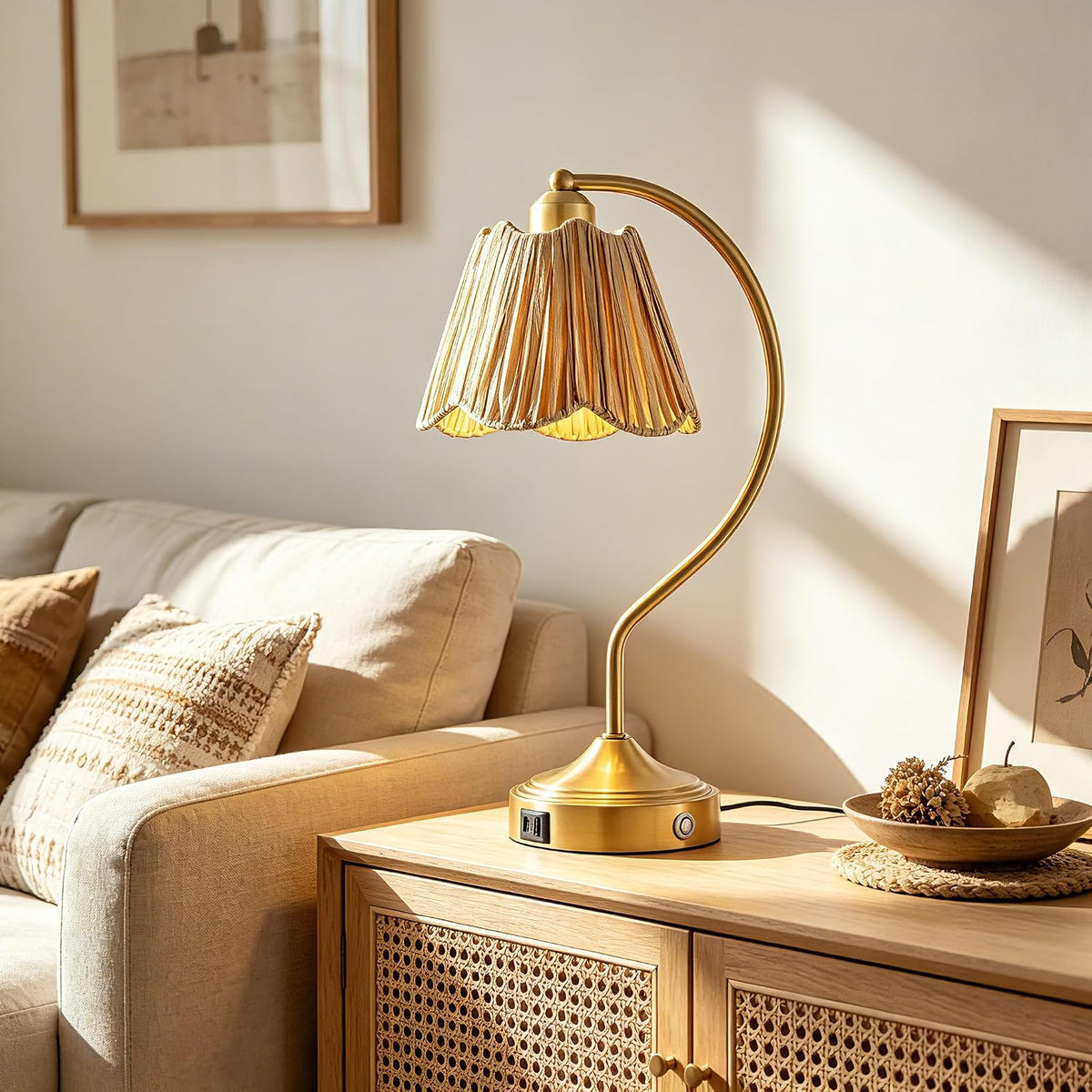 Boho Rattan Touch Small Table Lamps USB C+A Ports