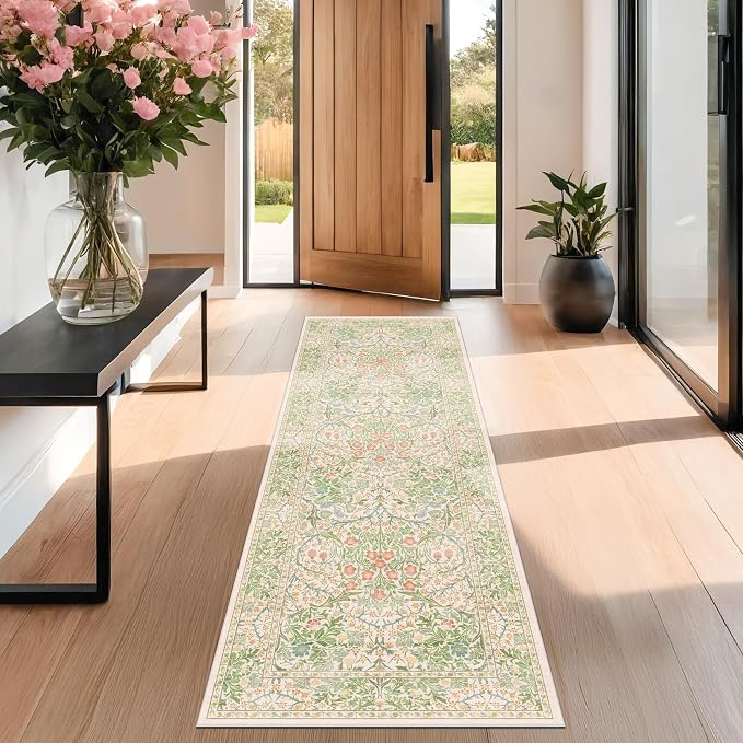 Hazo Haus Non Slip Beige Green Bathroom Runner Rug