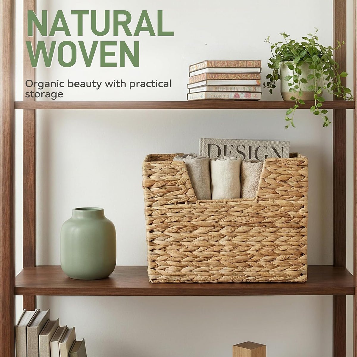 Wicker Magazine Basket with Handle, 2 Compartments