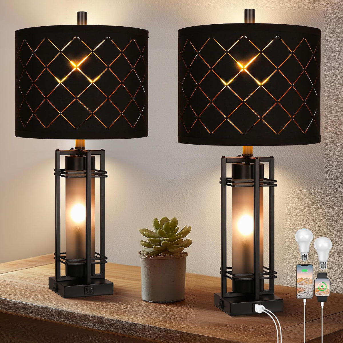 WIHTU 27'' Modern Table Lamp Set of 2 with Nightlight, Metal Bedside Lamps