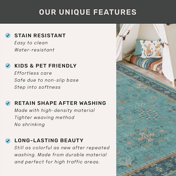 2x4 Washable Teal Throw Rugs for Entryway Indoor