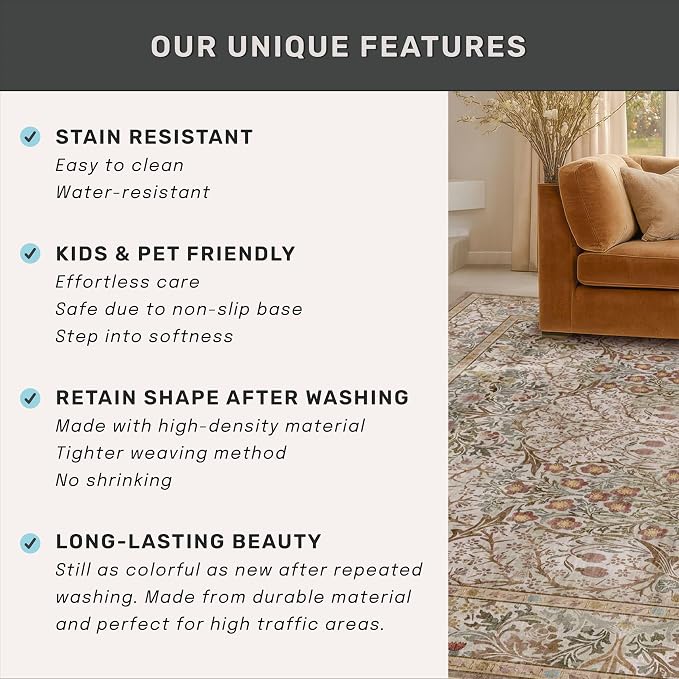 Washable 8x12 Large Living Room Area Rug