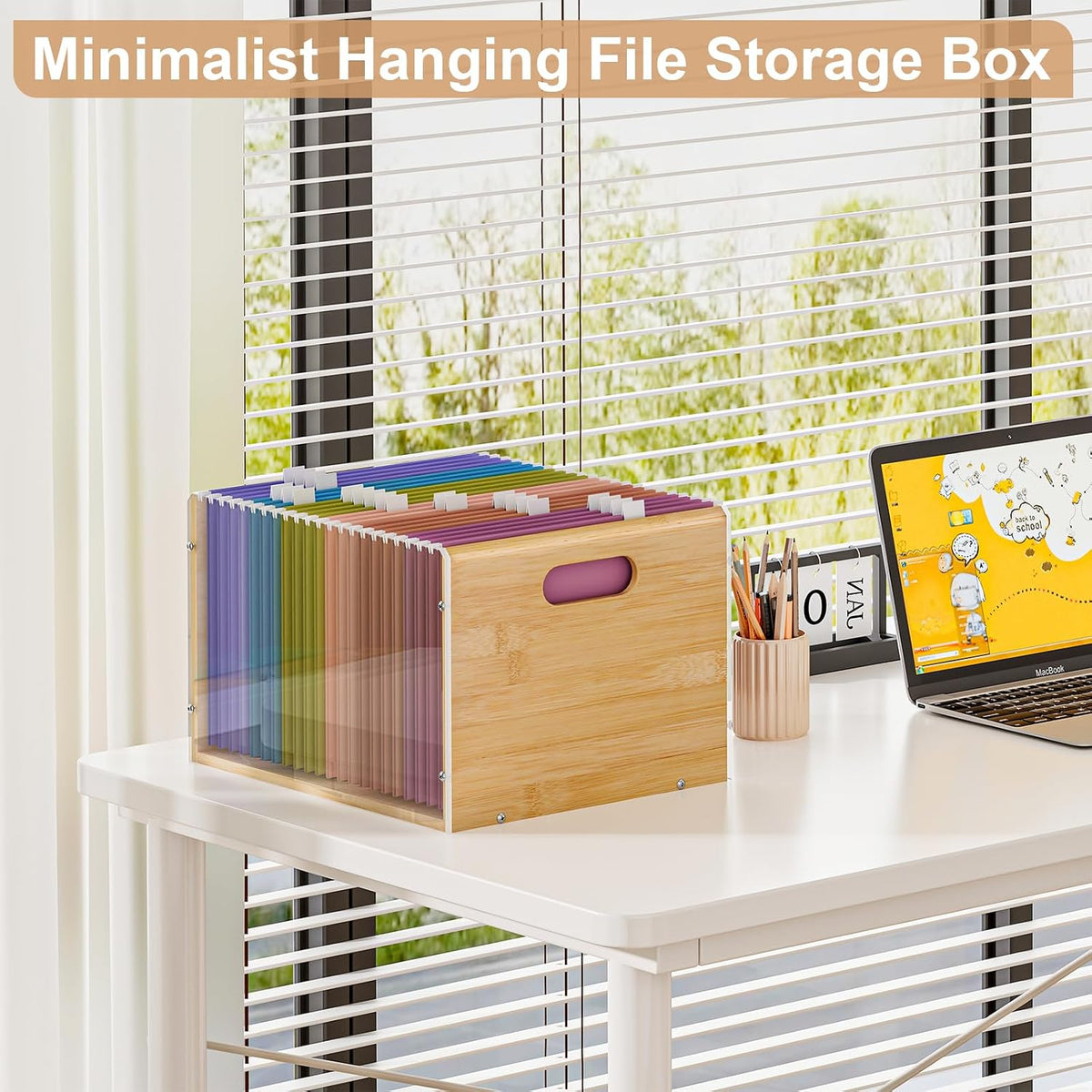 Sbanmao Letter/Legal Bamboo Acrylic File Box Organizer, Hanging File Folder Storage Boxes, Decorative Document Crate Transparent Filing Bin with Handle for Home Office Desk