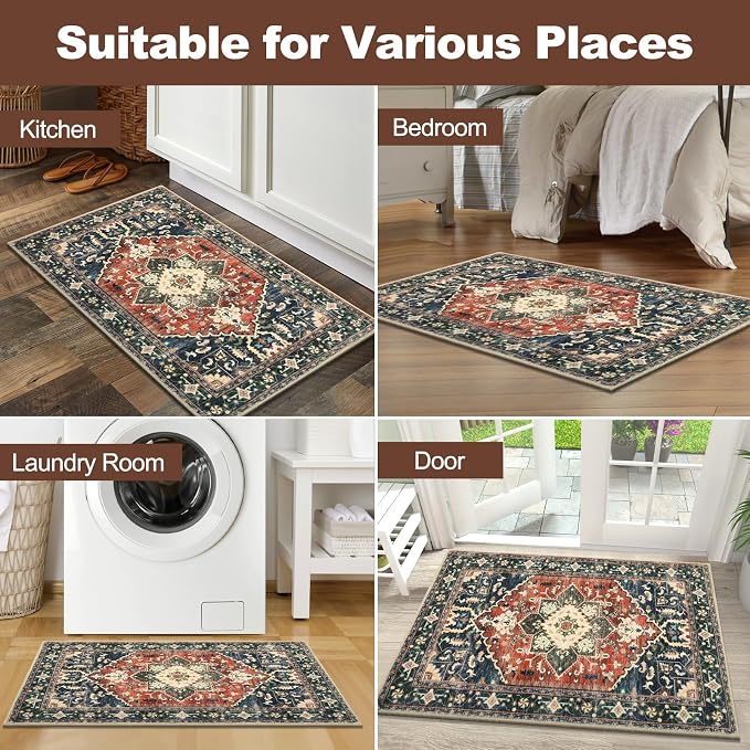 Yamaziot Washable Area Rug, 2x3 Small Entryway Rug Non-Slip Boho Vintage Rug