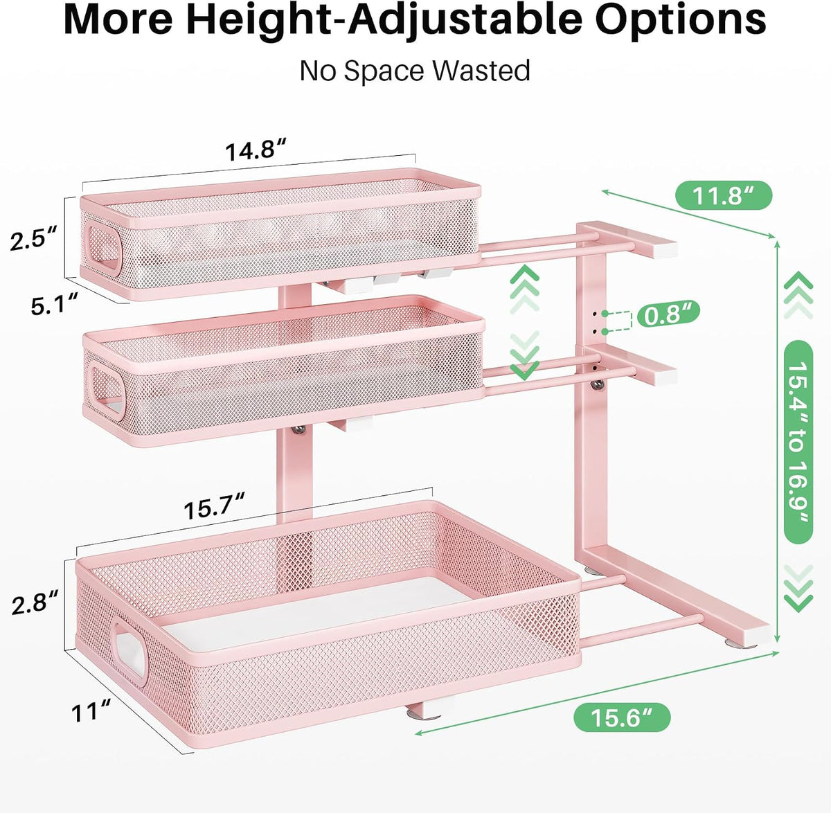 Kitstorack Under Sink Organizer, 2-Pack 3-Tier Height Adjustable Thickened Metal Pull out Cabinet Organizer Shelf, Slide out Storage Drawer Rack for Bathroom Kitchen Pantry Home Organization, Pink