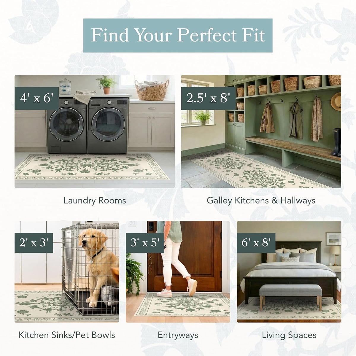 Carolina Creekhouse Vinyl Floor Mat 4'x6' - Green & Cream Floral Pattern - Waterproof Non-Slip Kitchen Rug - Hard Floor Safe - Eco-Friendly Flat Weave - 4'x6'