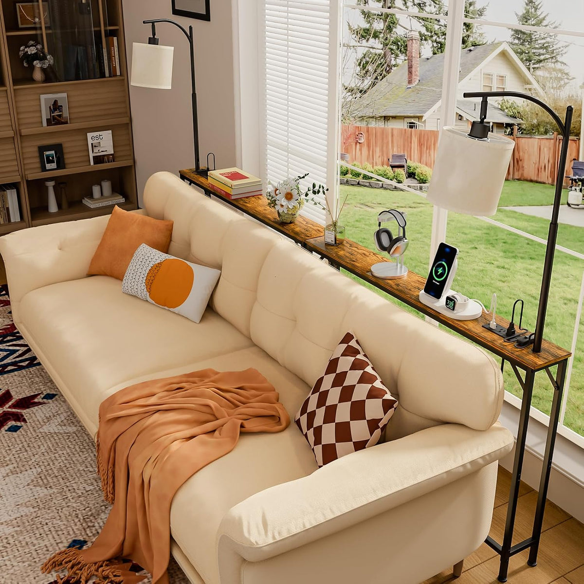 keomaisyto Skinny Sofa Table with Outlet & 3-Color Light, Console Table