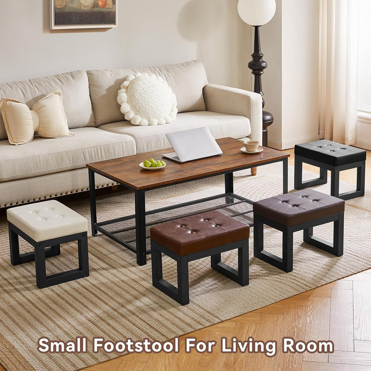 IBUYKE Small Footstool Ottoman, PU Faux Leather Footrest, Black WBD026B