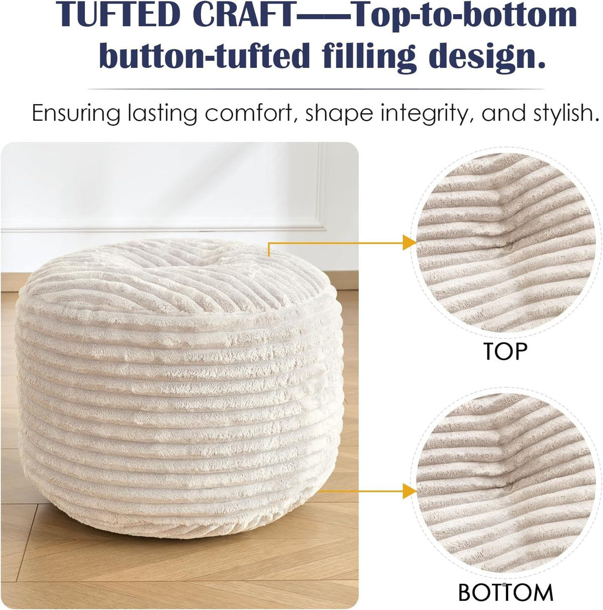 Round Pouf Ottoman,Corduroy Foot Rest,Beige,20x15 in